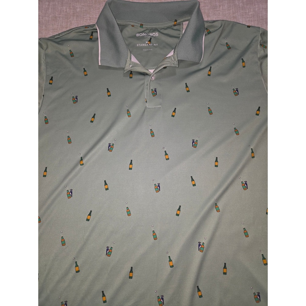 Bonobos Golf Mens XL Standard Fit Polo Shirt Green Beer Bottle Bird Print XL